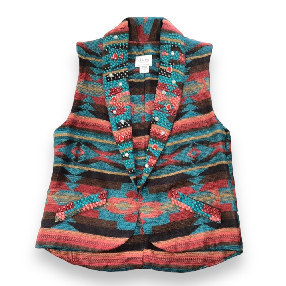 Vintage Herta Western Aztec Shawl Collar Vest Woman’s Medium Cotton Made In USA